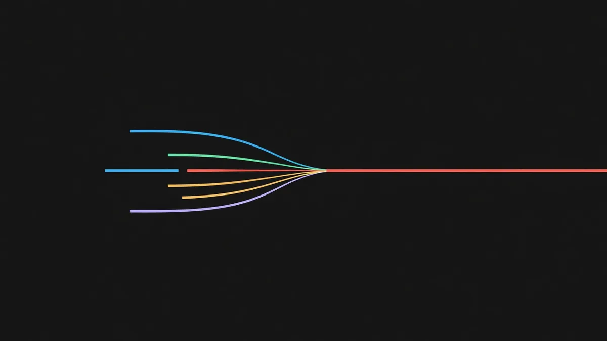 Five thin lines converging into one thicker line