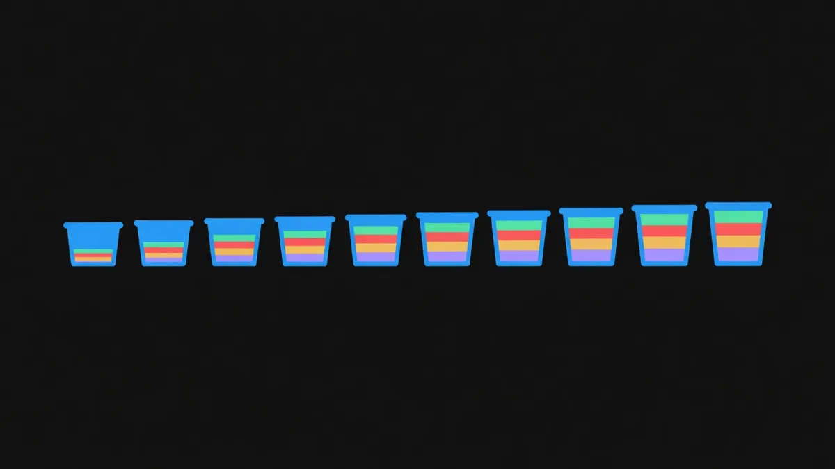 Ten small buckets of increasing fill