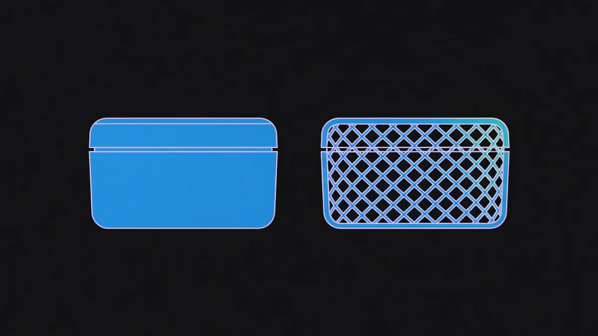 Two container shapes, one sealed and one latticed