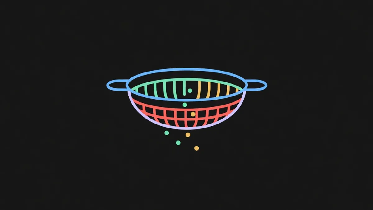 A sieve with dots falling through and one remaining