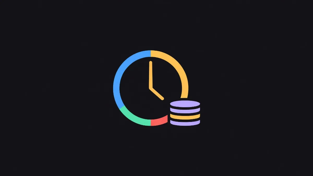 A clock beside a small coin stack