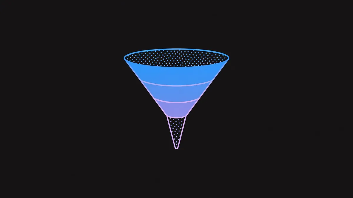 A wide funnel with dots dense at the wide end