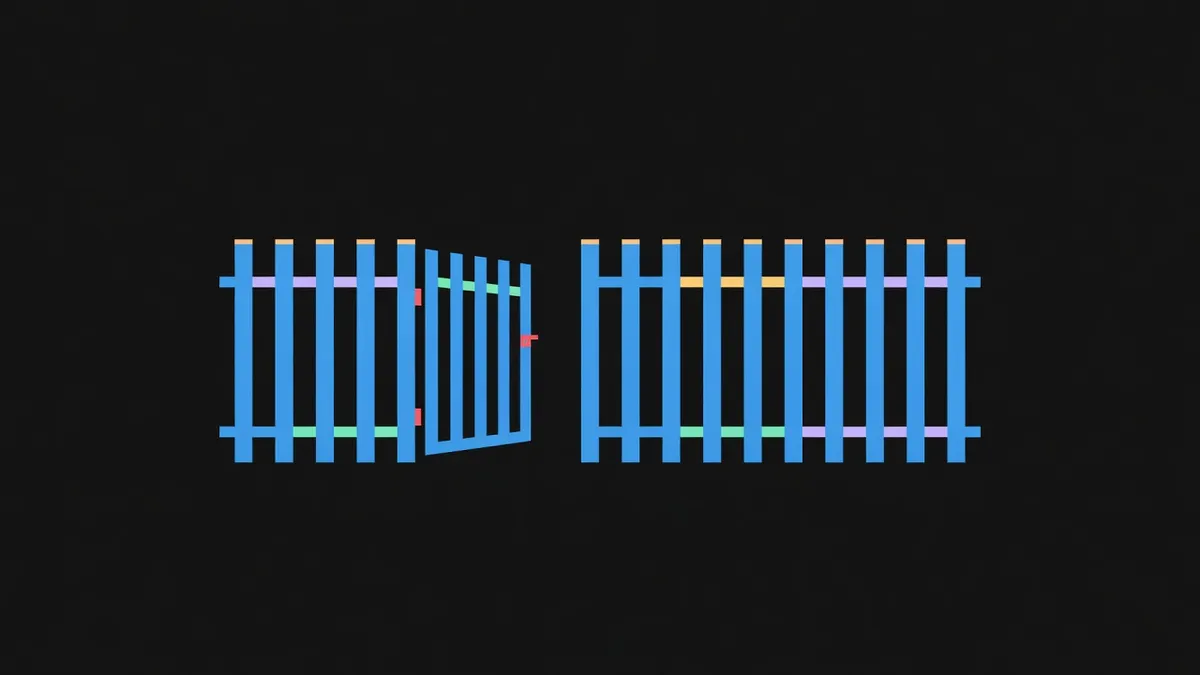 A fence line with one open gate