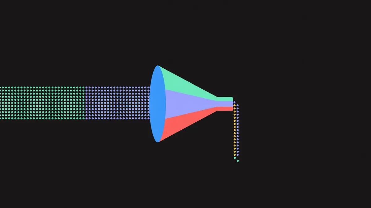 A funnel narrowing many dots into a thin stream
