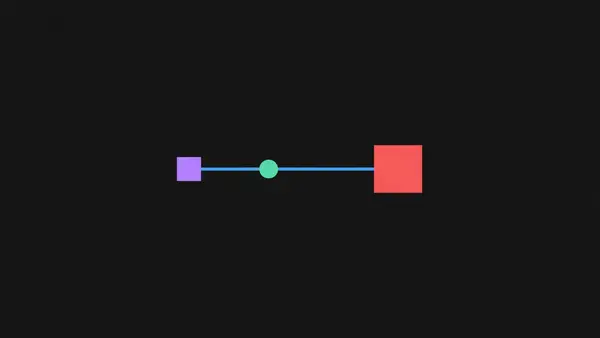 A thin pipe carrying one dot between two squares