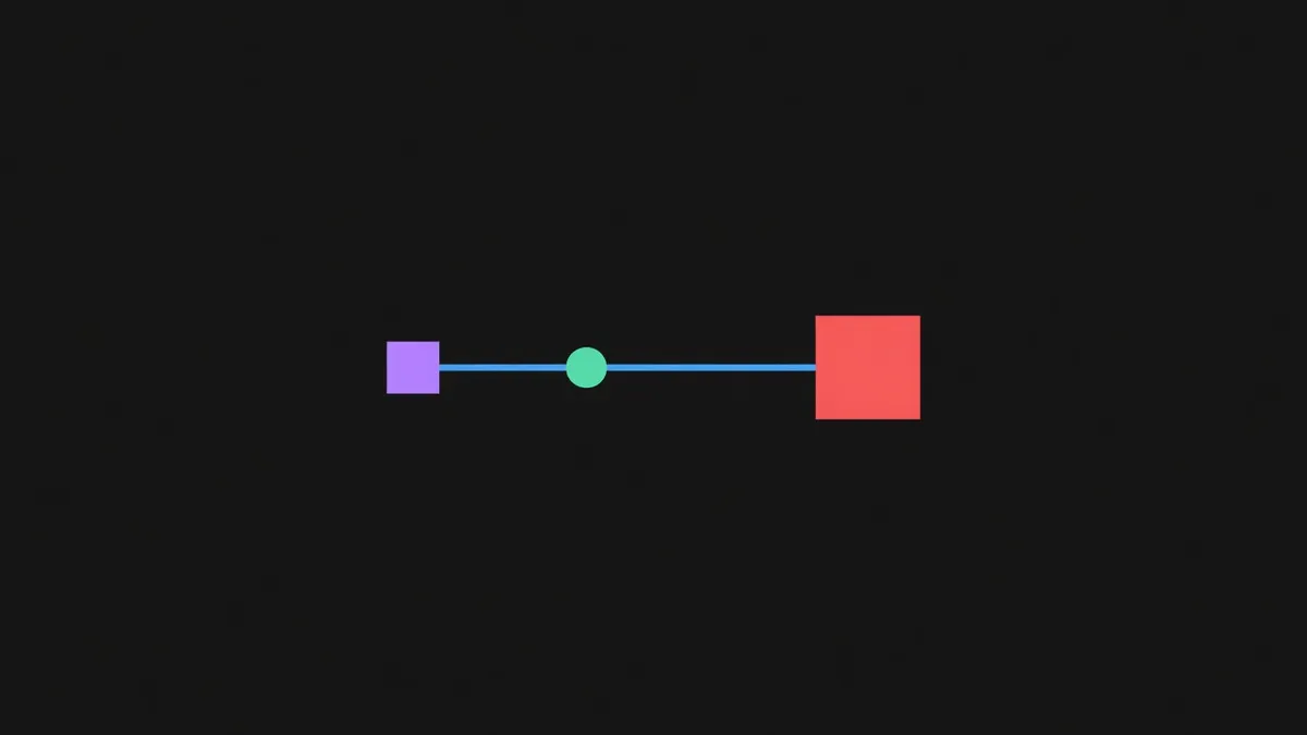 A thin pipe carrying one dot between two squares