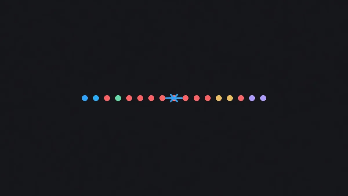 A queue of dots with one crossing a line