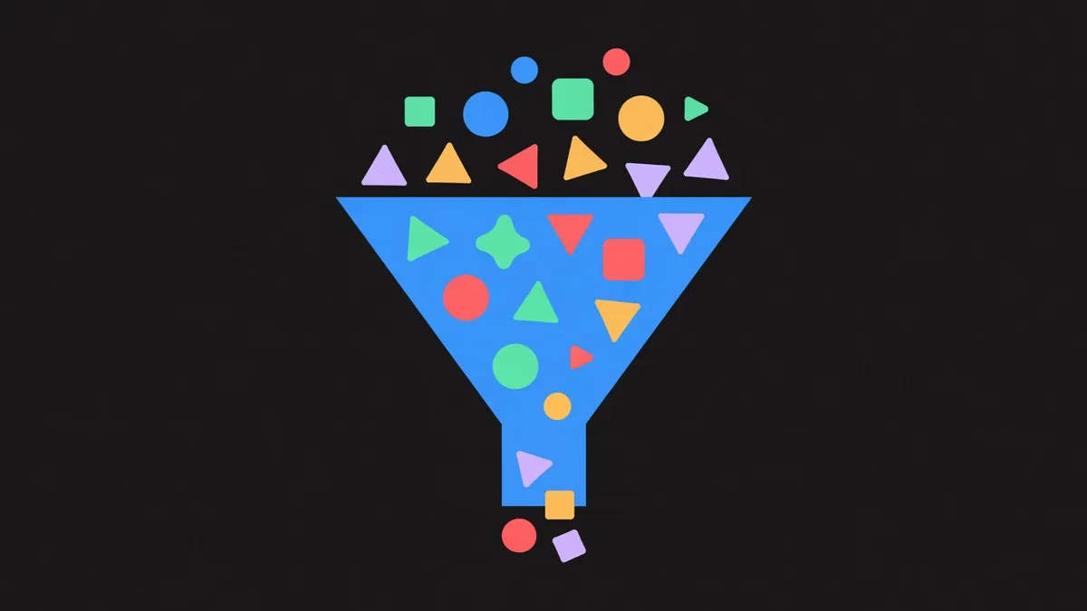 A funnel with many shapes entering and few leaving