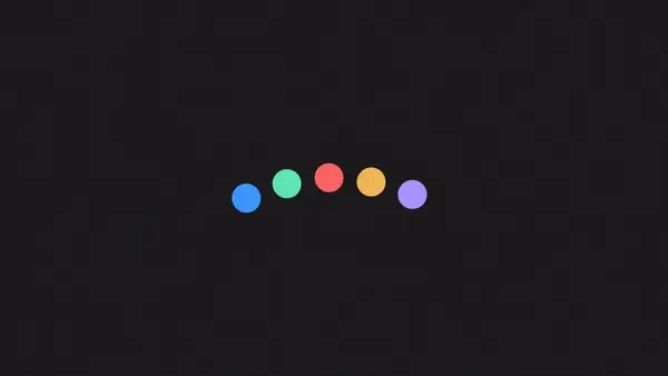 Six circles along a curved path with decreasing spacing