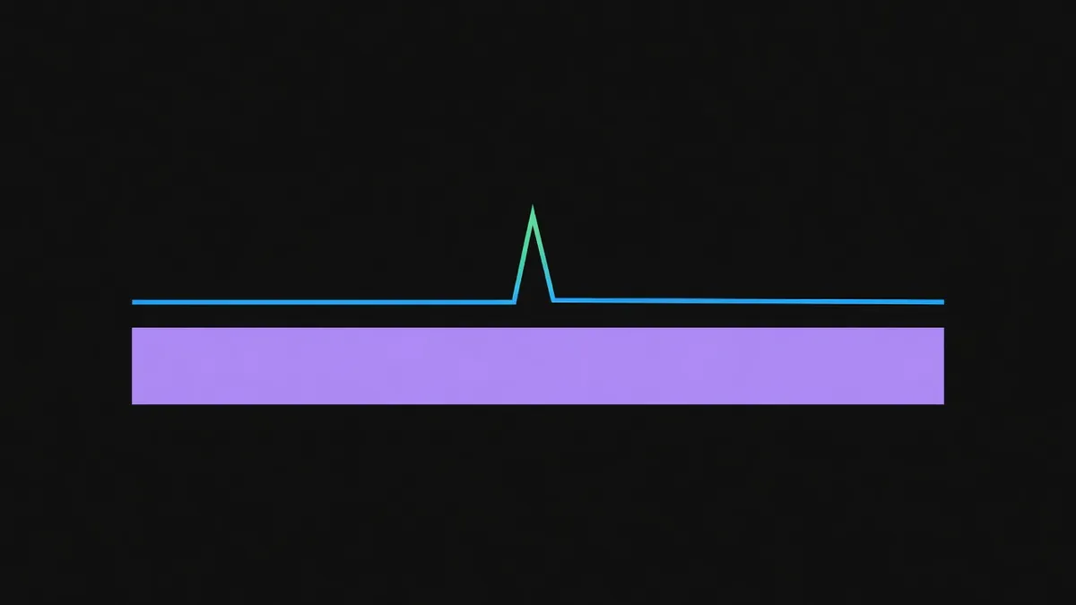 A sharp spike rising above a shaded band