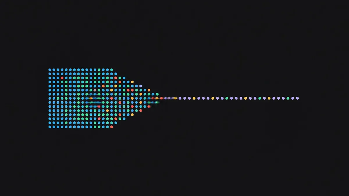 A dense block of dots compressing into a sparse row