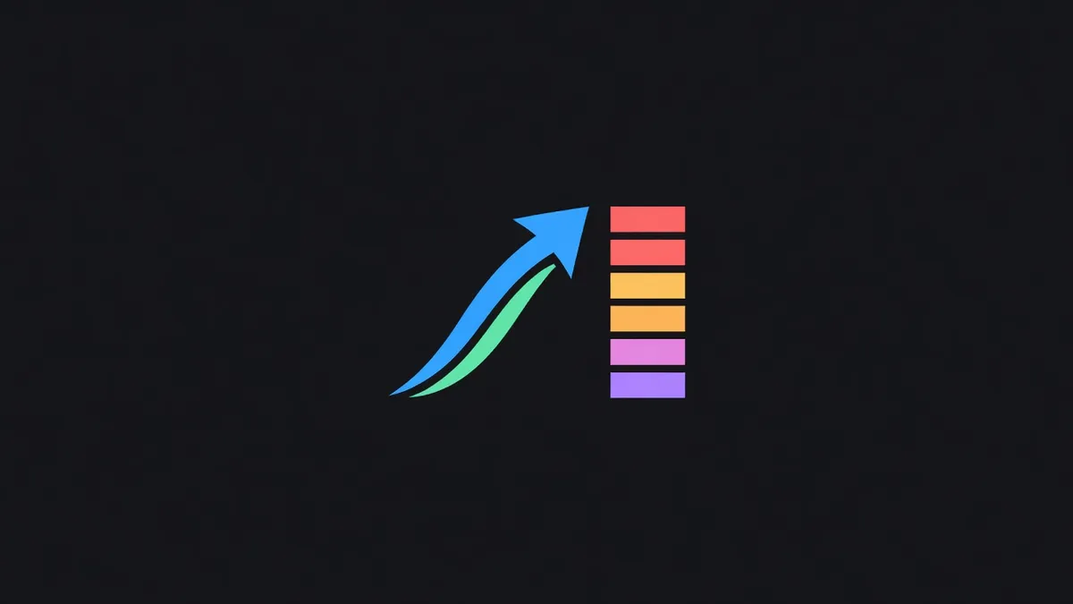A flowing arrow beside a static stacked column