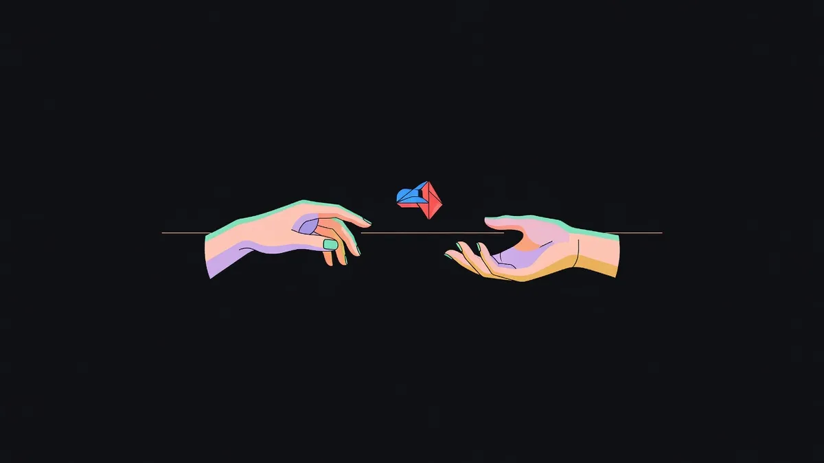Two hands exchanging a token across a line